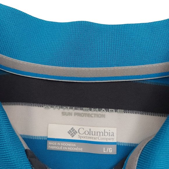 Columbia Polo Shirt Mens Large Blue Gray Stripes Sun Protection Performance Golf - Picture 9 of 10